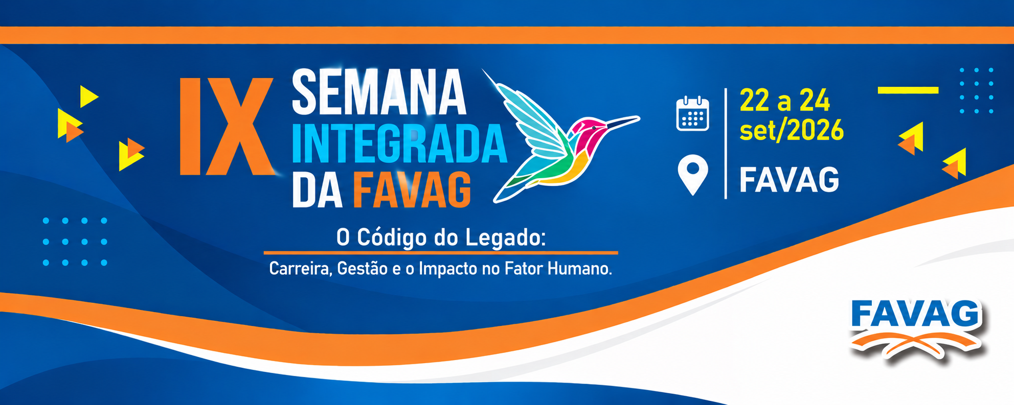 Banner horizontal da IX Semana Integrada da FAVAG, com fundo em tons de azul e detalhes em laranja e branco.
